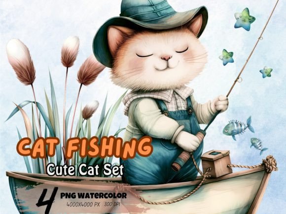 Download Watercolor Cute Cat Fishing Clipart - Premium Resources
