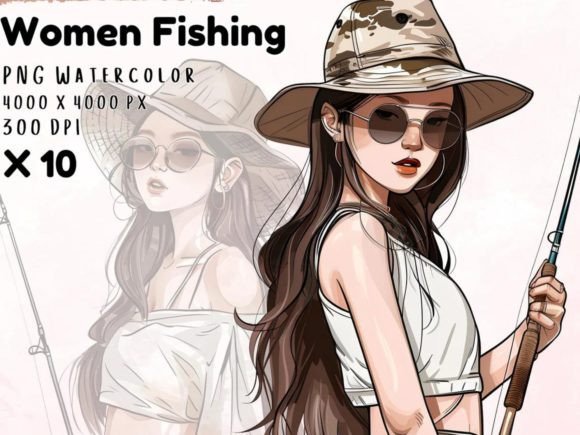 Download Watercolor Women Fishing Clipart Set - Fishing clipart Collection