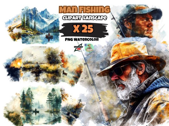 Download Watercolor Man Fishing Clipart Landscape - Fishing clipart Collection