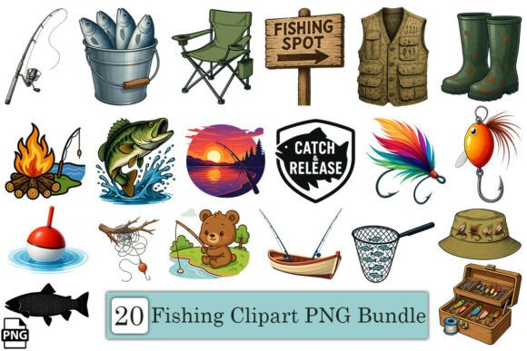 Download Cute Fishing Clipart PNG Bundle - Fishing clipart Collection