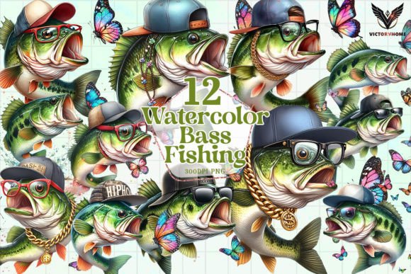 Download Watercolor Bass Fishing Clipart PNG - Premium Resources