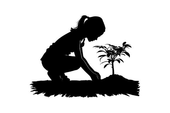 Download Girl Planting a Tree Vector Silhouette - Silhouette Collection